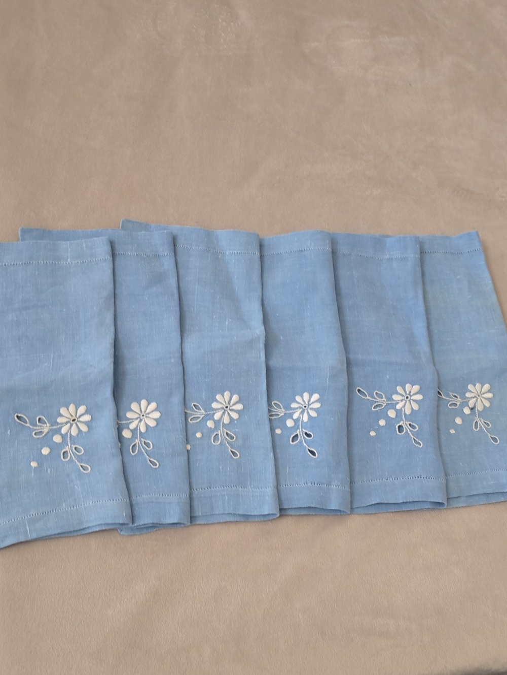 Embroidered Blue Linen Napkins - Set of 6